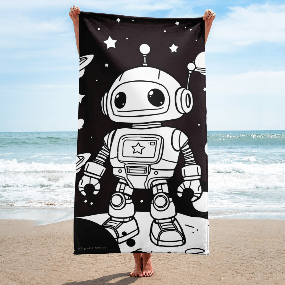 Toalla con dibujo de bonito robot en el espacio con fondo negro