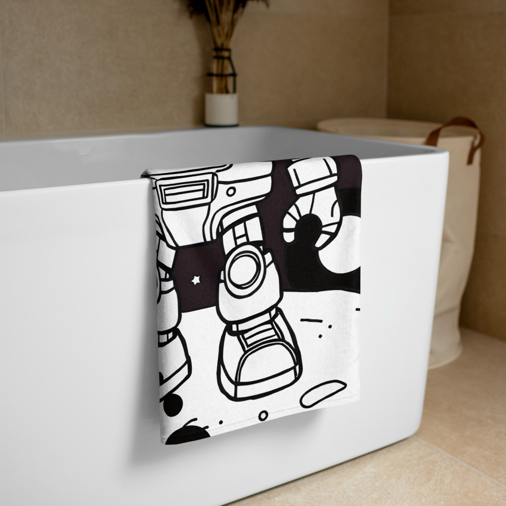 Detalle de Toalla con dibujo de bonito robot en el espacio con fondo negro sobre una bañera