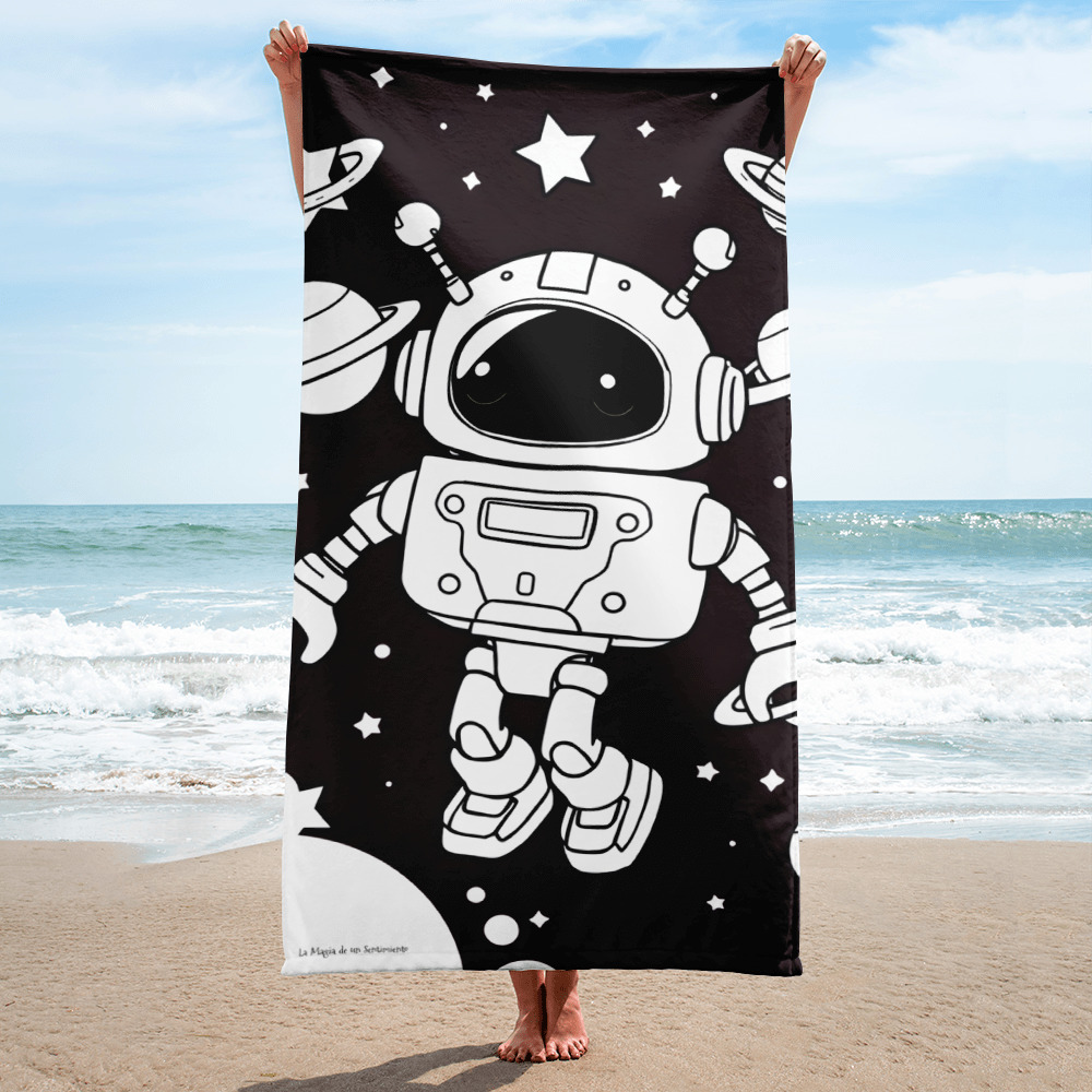 Toalla con dibujo de bonito robot con flotando en el espacio negro