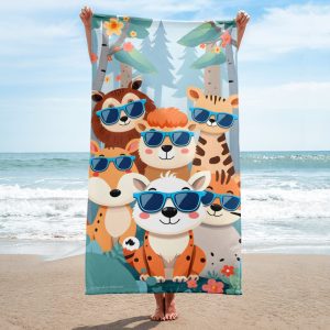 Toalla de baño y playa para niños y niñas con divertidos animales con gafas azules en el bosque y estilo caricatura