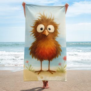 Toalla de baño y playa con un divertido y alocado pájaro de color dorado y rojo - Teo, el pájaro que se despierta confundido… cada día