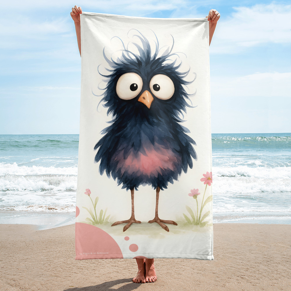 Toalla de baño y playa con un divertido y alocado pájaro de color azul - Bruno, el zombi mañanero