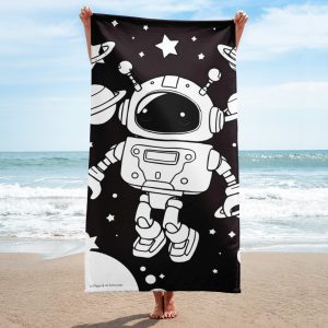 Toalla con dibujo de bonito robot con flotando en el espacio negro