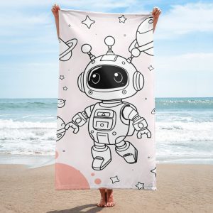 Toalla con dibujo de bonito robot flotando en el espacio rosa pastel