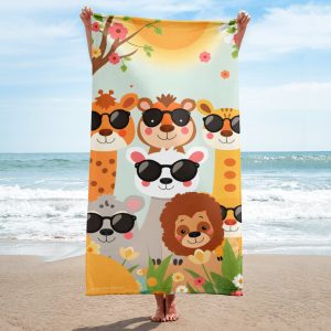 Toalla de baño y playa para niños y niñas con divertidos animales con gafas en el bosque y estilo caricatura