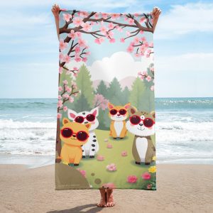Toalla de baño y playa para niños y niñas con divertidos animales con gafas rojas en el bosque de cerezos y estilo caricatura