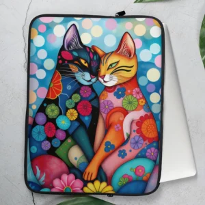 Funda de portátil y tablet con dos gatos cariñosos de estilo expresionista y colorido