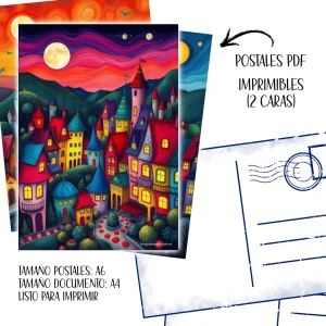 Postales Artísticas Coloridas "Pueblos Expresionistas" | Digitales para Imprimir | 12 postales | Frontal y trasera