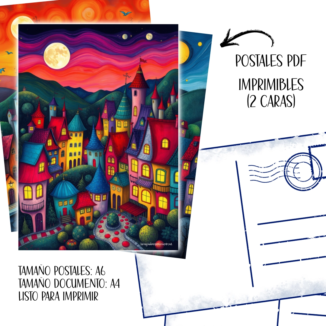 Postales Artísticas Coloridas "Pueblos Expresionistas" | Digitales para Imprimir | 12 postales | Frontal y trasera