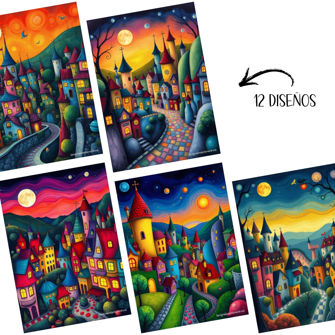 Postales Artísticas Coloridas "Pueblos Expresionistas" | Digitales para Imprimir | 12 postales | Frontal y trasera - Imagen 2