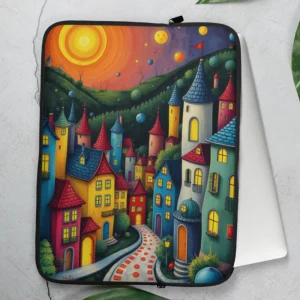 Funda de portátil y tablet con pueblo expresionista colorido de fantasía