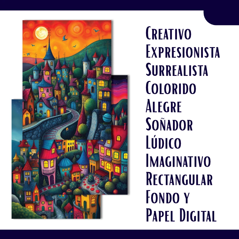 Fondos de Pintura Digital de Pueblo Expresionista de Fantasía Coloristas - Para pósters, cuadros, postales, dispositivos y creaciones artísticas - Imagen 2