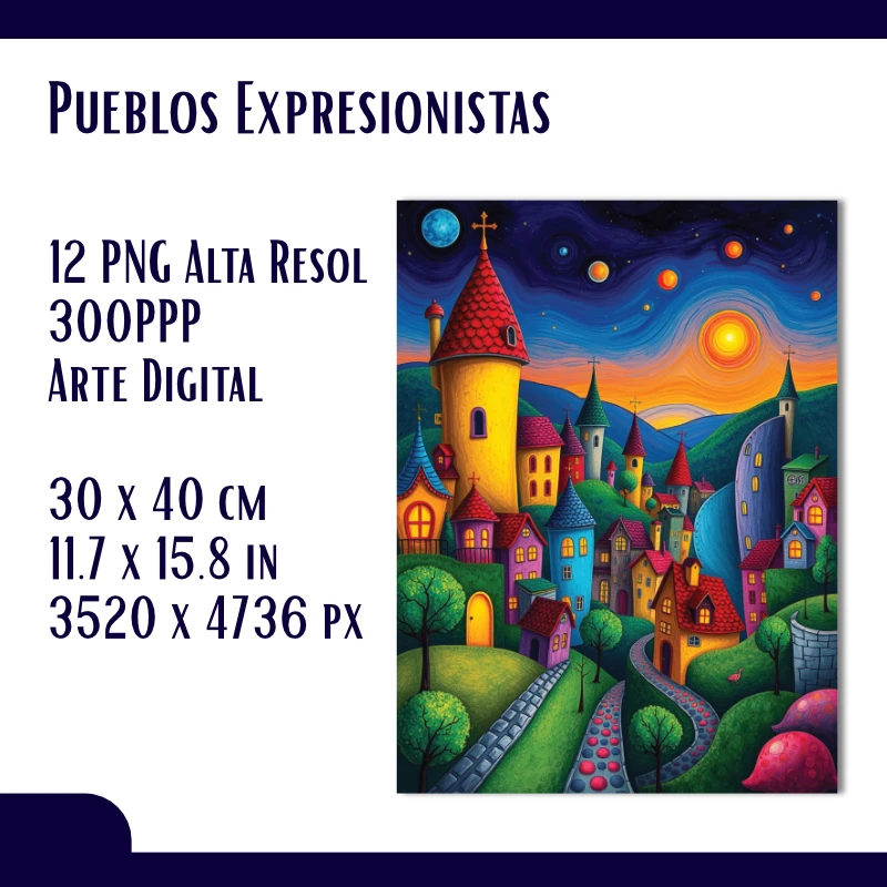 Fondos de Pintura Digital de Pueblo Expresionista de Fantasía Coloristas - Para pósters, cuadros, postales, dispositivos y creaciones artísticas - Imagen 6