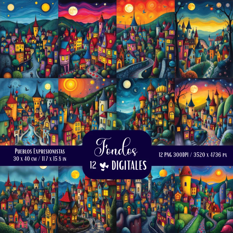 Fondos de Pintura Digital de Pueblo Expresionista de Fantasía Coloristas - Para pósters, cuadros, postales, dispositivos y creaciones artísticas