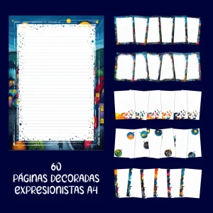 60 páginas decoradas con líneas horizontales y detalles coloridos de arte expresionista