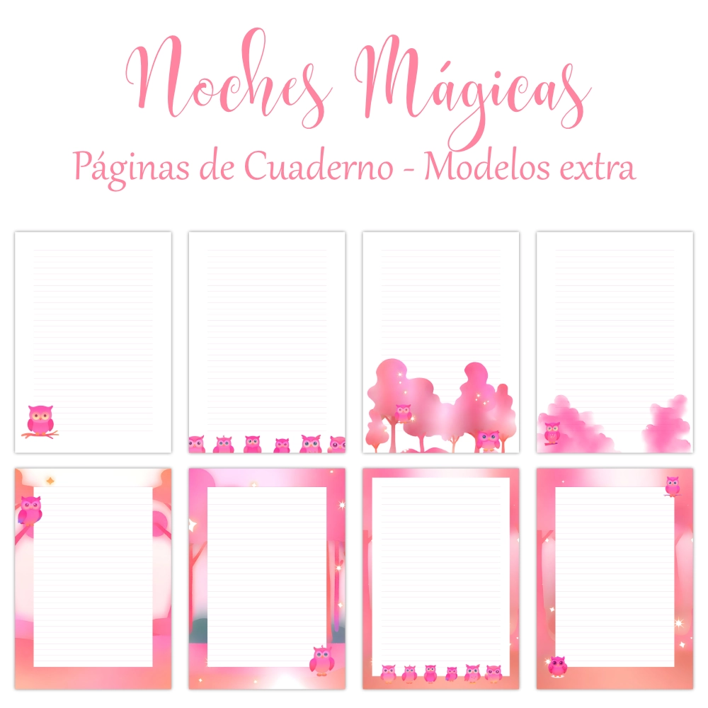 Kit de Papelería digital imprimible Noches Mágicas con bonitos buhos en degradados rosas - Imagen 3