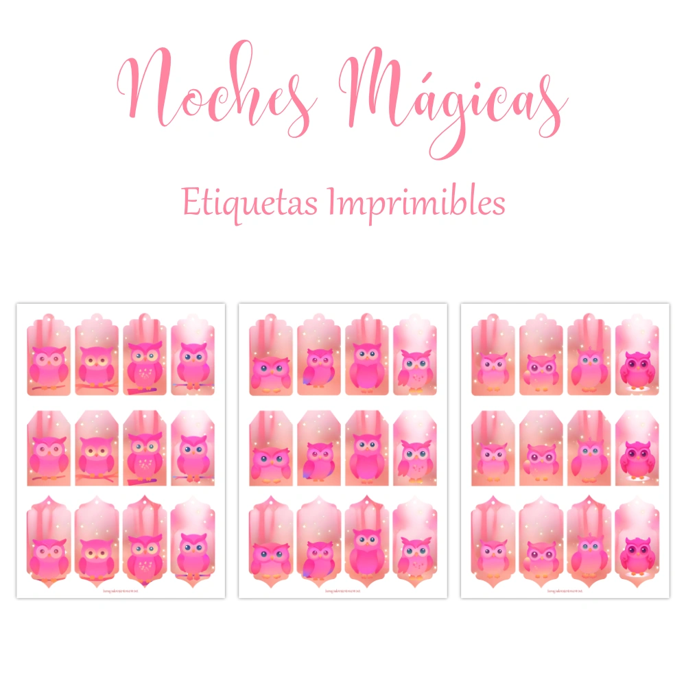 Kit de Papelería digital imprimible Noches Mágicas con bonitos buhos en degradados rosas - Imagen 4