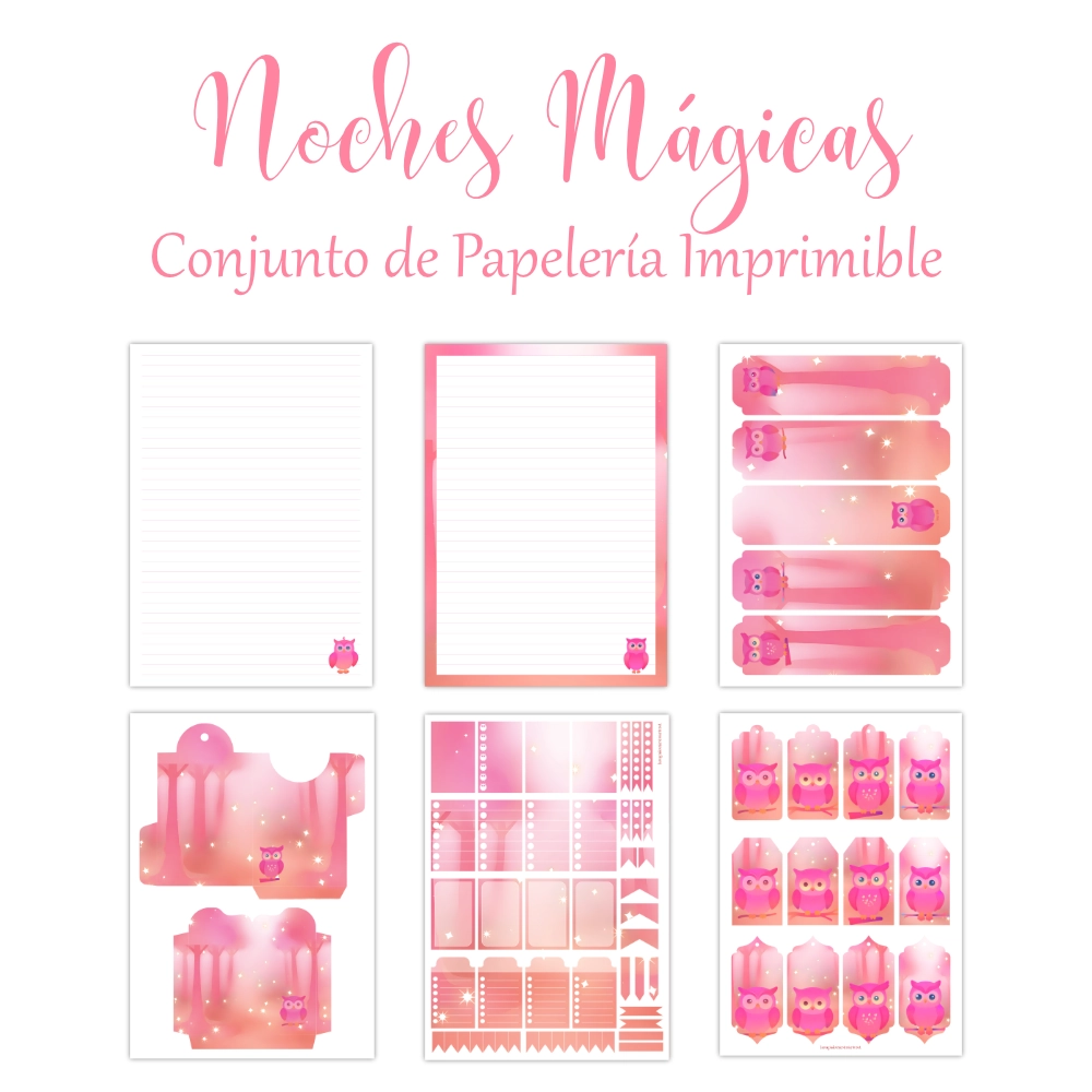 Kit de Papelería digital imprimible Noches Mágicas con bonitos buhos en degradados rosas