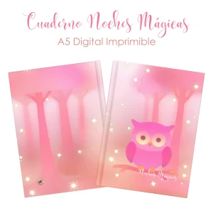 Cuaderno digital imprimible Noches Mágicas con bonitos buhos en degradados rosas
