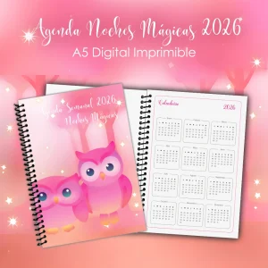 Agenda digital imprimible Noches Mágicas con bonitos buhos en degradados rosas 2026