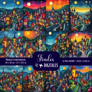 Fondos de Pintura Digital de Pueblo Expresionista de Fantasía Coloristas - Para pósters, cuadros, postales, dispositivos y creaciones artísticas