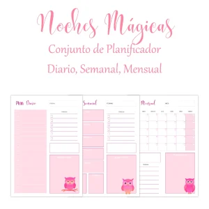 Kit de Planificador digital imprimible Noches Mágicas con bonitos buhos en degradados rosas