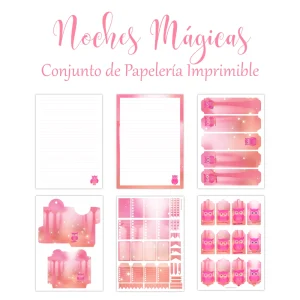 Kit de Papelería digital imprimible Noches Mágicas con bonitos buhos en degradados rosas