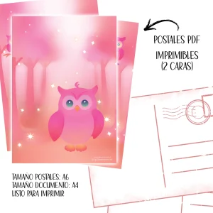 Postales de Fantasía "Noches Mágicas" con bonitos Buhos en degradados rosas | Digitales para Imprimir | 6 postales | Frontal y trasera