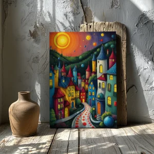 Póster de Pintura Digital de Pueblo Expresionista de Fantasía con Casas, Camino y Sol en lo alto