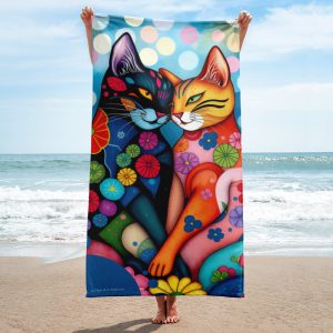 Toalla de baño y playa con dos gatos cariñosos de estilo expresionista y colorido