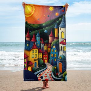 Toalla de baño y playa con pueblo expresionista colorido de fantasía