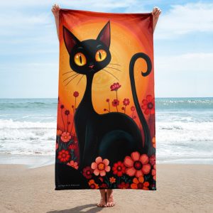 Toalla de baño y playa con diseño de simpático gato en campo de flores con fondo rojo atardecer y expresión sorprendida