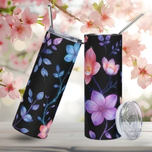 Vaso de acero inoxidable con flores luminiscentes en fondo azul oscuro de estilo Future Dusk