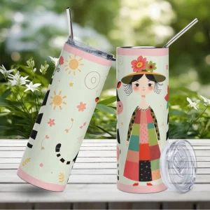 Vaso de acero inoxidable con diseño alegre de chica con vestido de retales y sombrero y divertida vaca