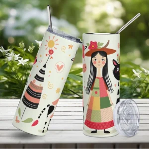 Vaso de acero inoxidable con diseño alegre de chica con vestido de retales y divertida vaca