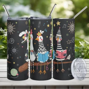 Vaso de acero inoxidable con divertidas gallinas tejiendo y leyendo
