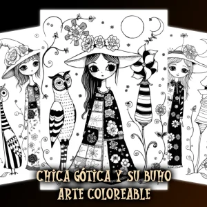 Arte para Colorear – Fantasía Gótica de una Bonita Chica con su Búho  - PDF Imprimible