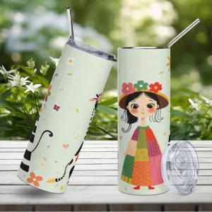 Vaso de acero inoxidable con diseño alegre de chica con sombrero y divertida vaca