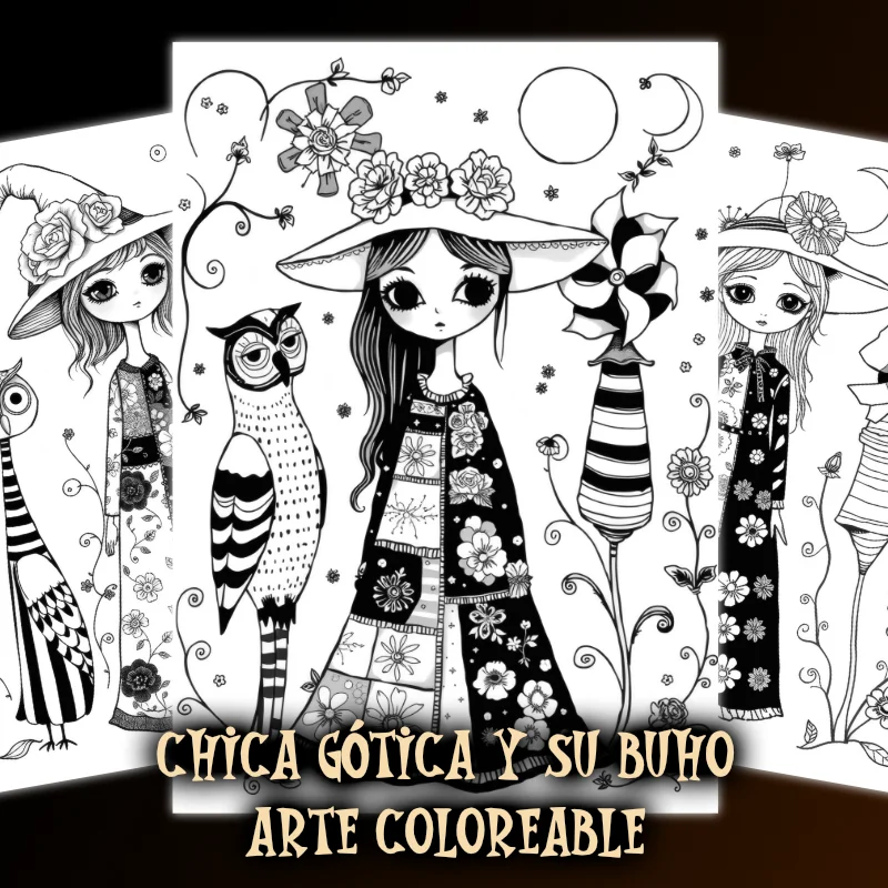 Arte para Colorear – Fantasía Gótica de una Bonita Chica con su Búho  - PDF Imprimible