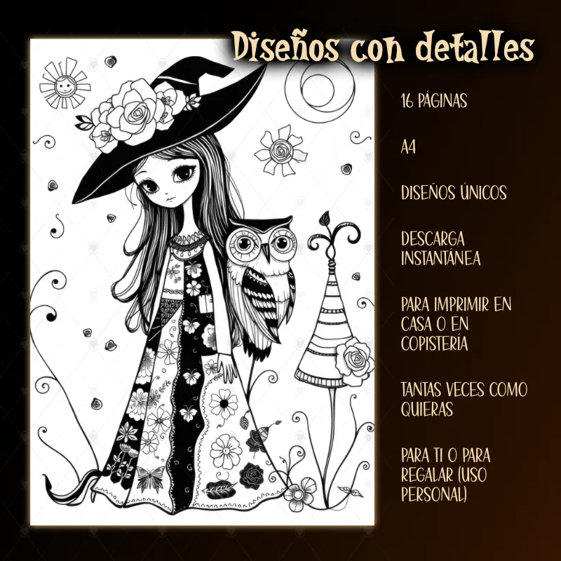 Arte para Colorear – Fantasía Gótica de una Bonita Chica con su Búho  - PDF Imprimible - Imagen 2