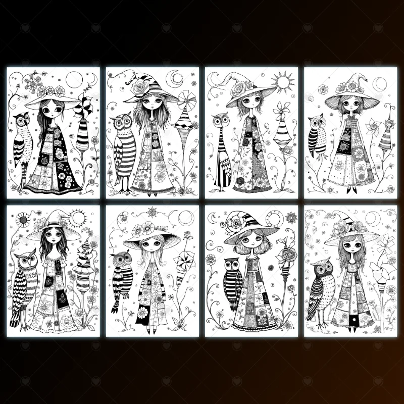Arte para Colorear – Fantasía Gótica de una Bonita Chica con su Búho  - PDF Imprimible - Imagen 4