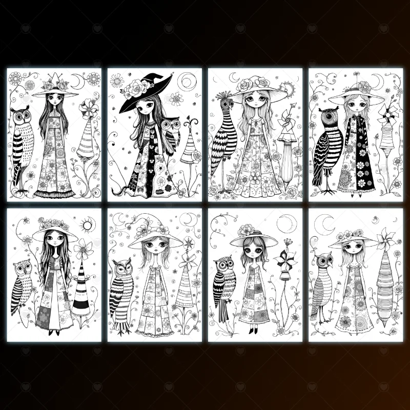 Arte para Colorear – Fantasía Gótica de una Bonita Chica con su Búho  - PDF Imprimible - Imagen 3