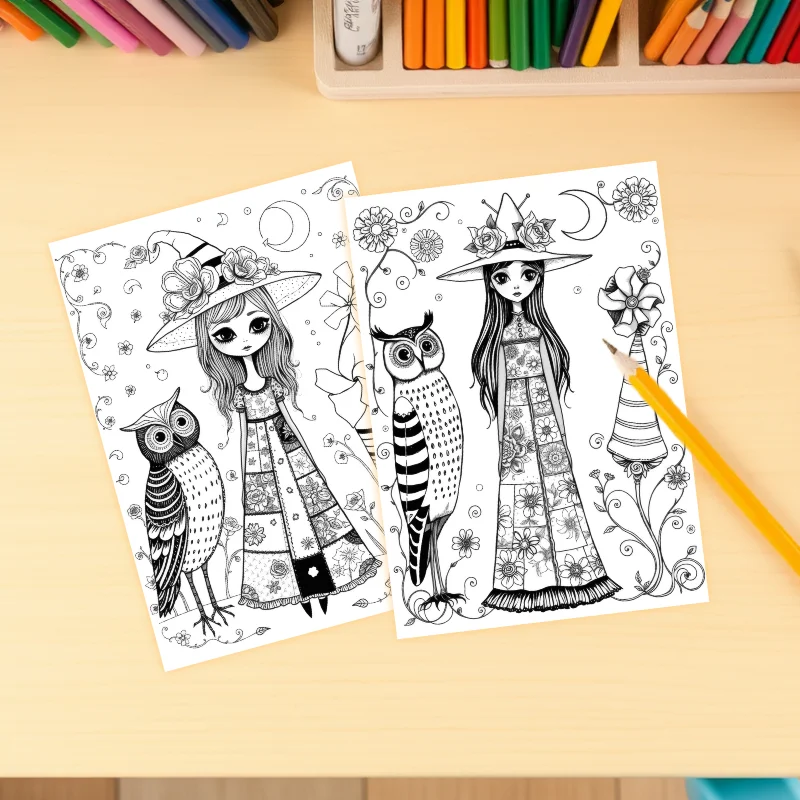 Arte para Colorear – Fantasía Gótica de una Bonita Chica con su Búho  - PDF Imprimible - Imagen 6