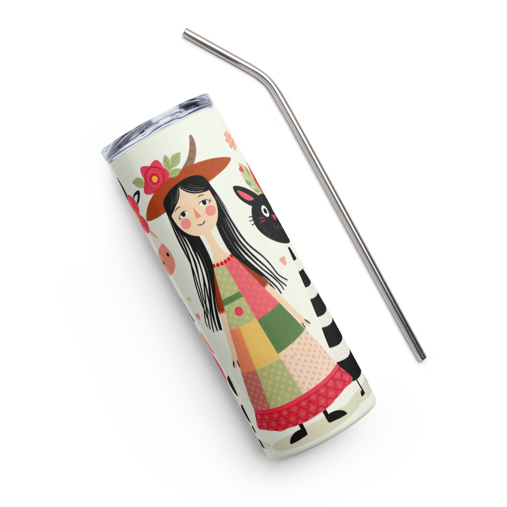 Vaso de acero inoxidable con diseño alegre de chica con vestido de retales y divertida vaca - Imagen 2