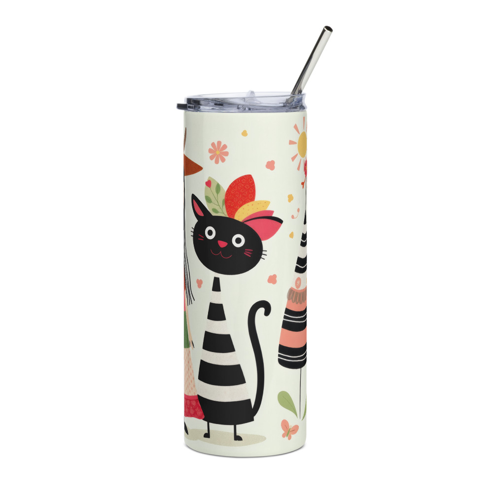 Vaso de acero inoxidable con diseño alegre de chica con vestido de retales y divertida vaca - Imagen 9