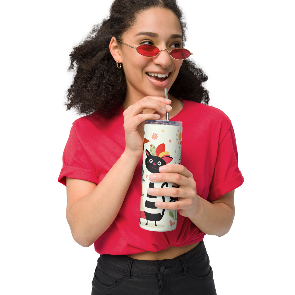 Vaso de acero inoxidable con diseño alegre de chica con vestido de retales y divertida vaca - Imagen 6