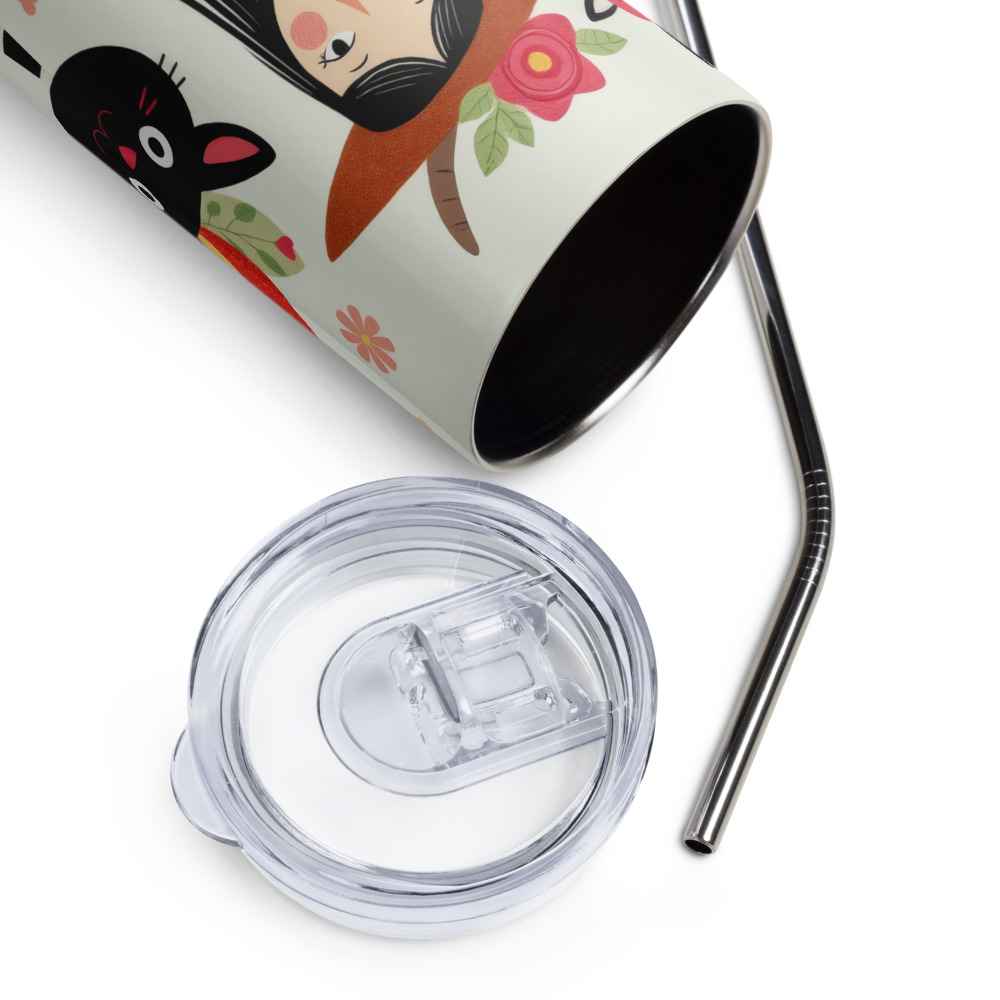 Vaso de acero inoxidable con diseño alegre de chica con vestido de retales y divertida vaca - Imagen 8
