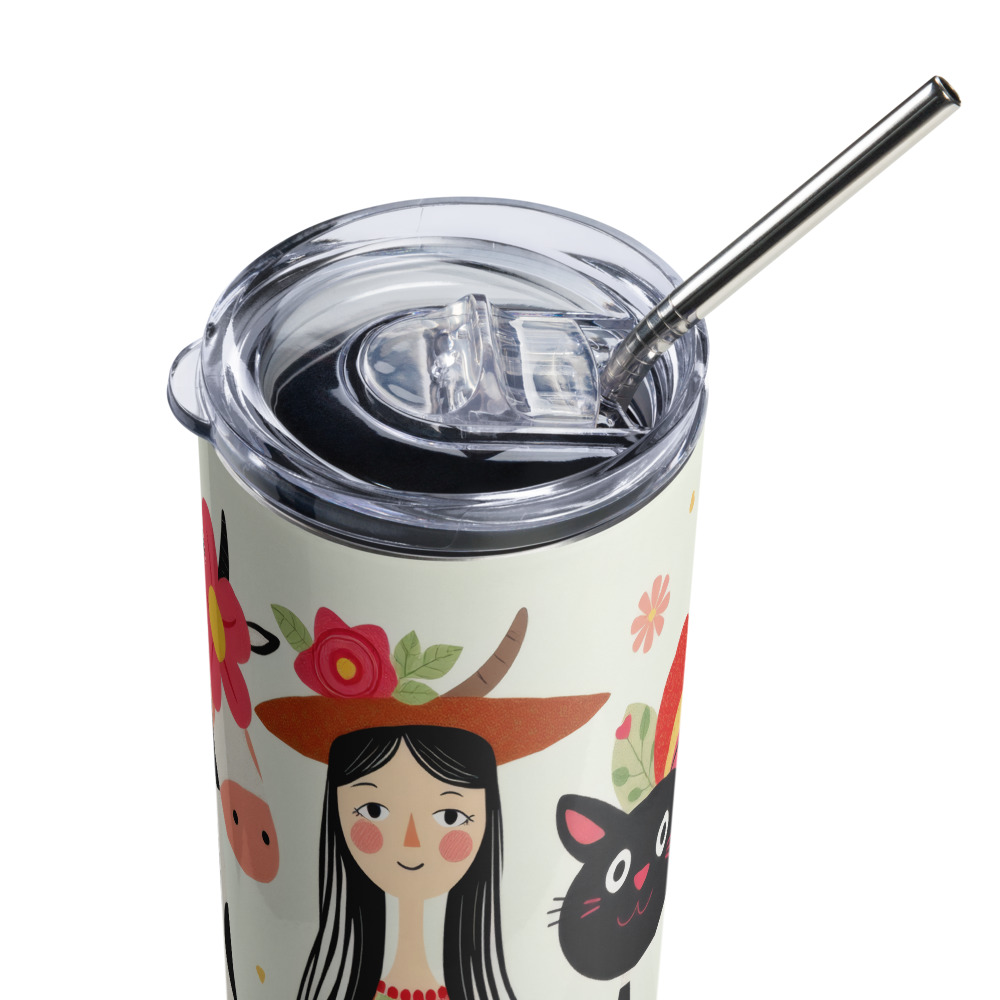 Vaso de acero inoxidable con diseño alegre de chica con vestido de retales y divertida vaca - Imagen 7