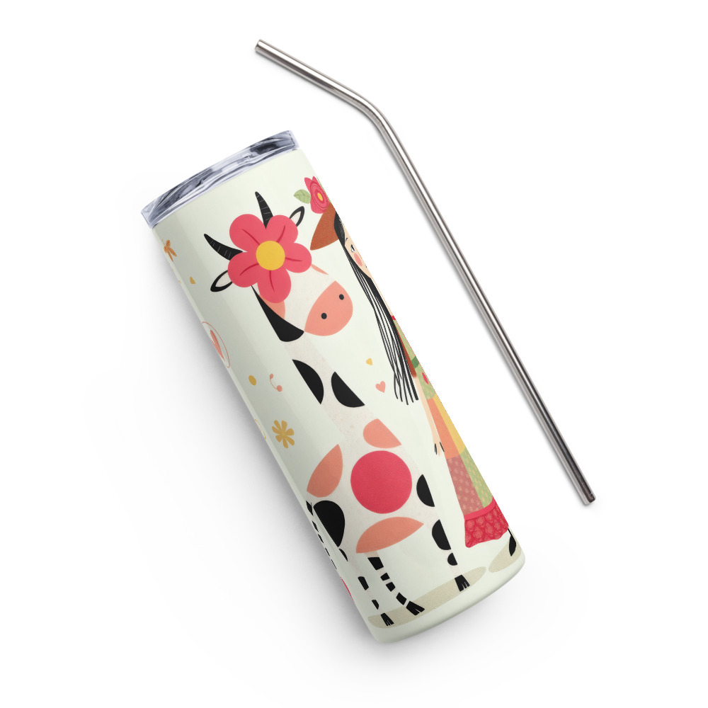 Vaso de acero inoxidable con diseño alegre de chica con vestido de retales y divertida vaca - Imagen 4
