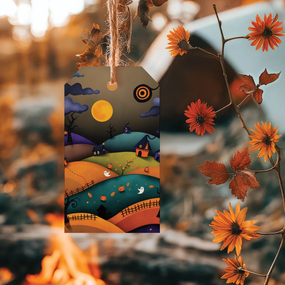 Etiqueta con dibujo de Halloween sobre un fondo de otoño.